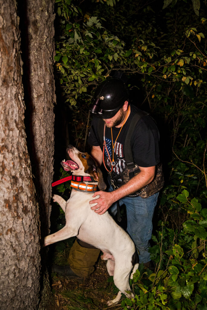 A coon hunter at a tree with his treeing walker coonhound.
