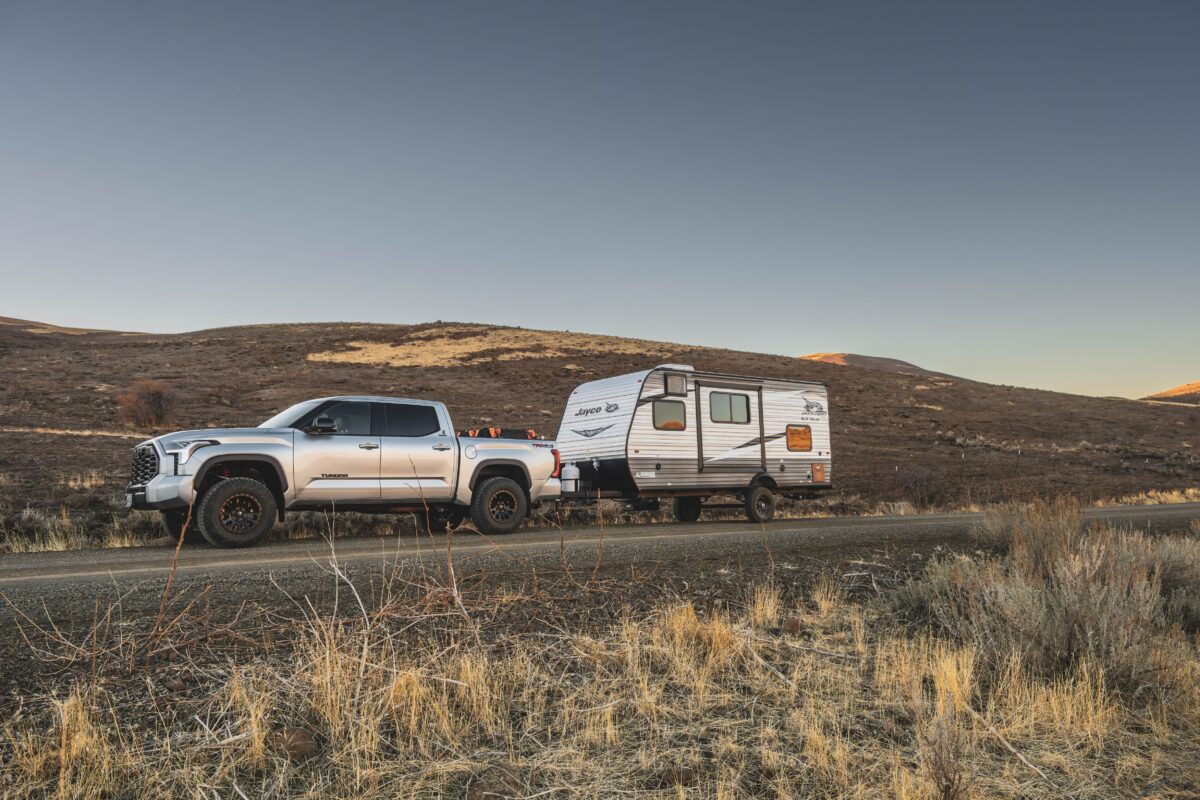 truck and trailer going camping.