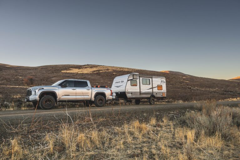 truck and trailer going camping.